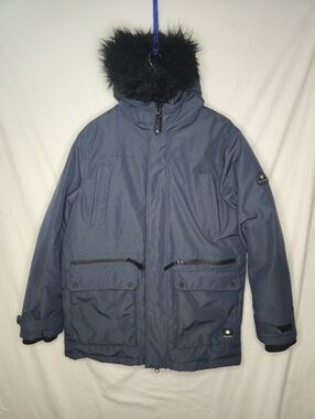 Canadiana Men's Blue Winter Jacket Parka Coat Faux Fur Hood Trim Size Medium